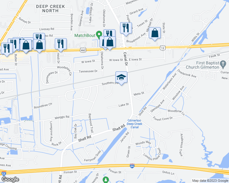 map of restaurants, bars, coffee shops, grocery stores, and more near 727 Oak Manor Drive in Chesapeake