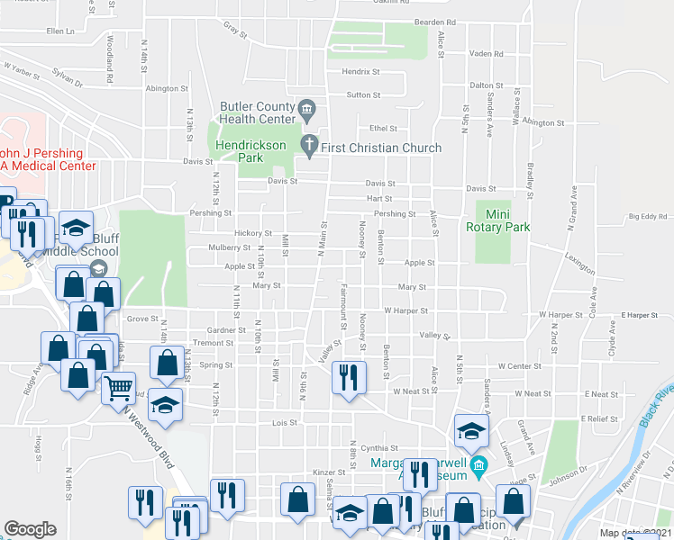 map of restaurants, bars, coffee shops, grocery stores, and more near 1119 Fairmount Street in Poplar Bluff