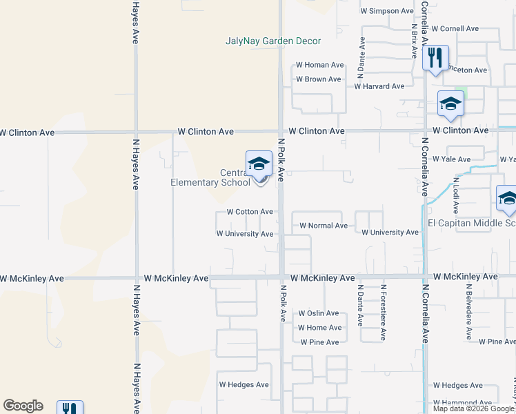 map of restaurants, bars, coffee shops, grocery stores, and more near 5548 West Cotton Avenue in Fresno