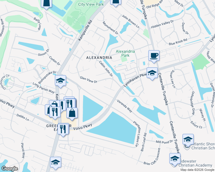 map of restaurants, bars, coffee shops, grocery stores, and more near 5944 Senators Court in Virginia Beach