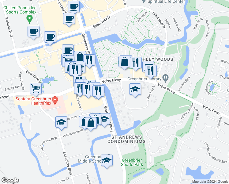 map of restaurants, bars, coffee shops, grocery stores, and more near 911 Seabreeze Court in Chesapeake