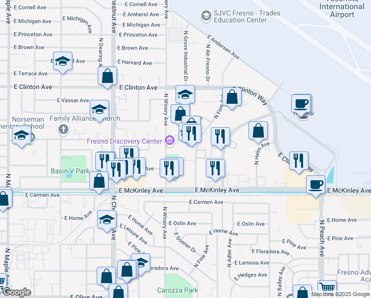 map of restaurants, bars, coffee shops, grocery stores, and more near 1923 North Fine Avenue in Fresno