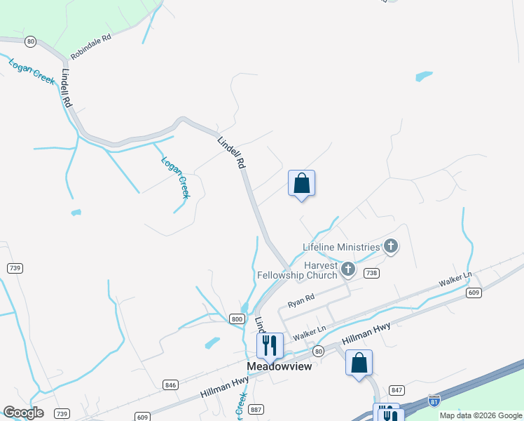 map of restaurants, bars, coffee shops, grocery stores, and more near 12821 Lindell Road in Meadowview