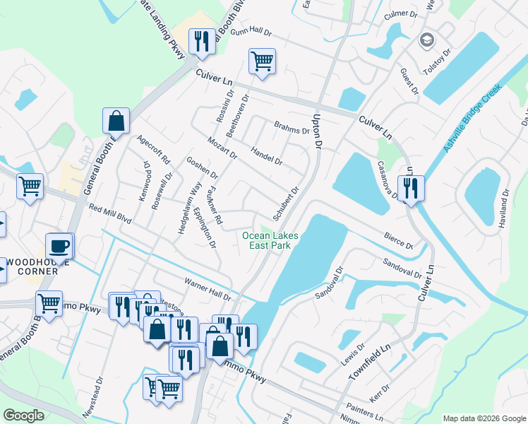 map of restaurants, bars, coffee shops, grocery stores, and more near 2109 Schubert Drive in Virginia Beach