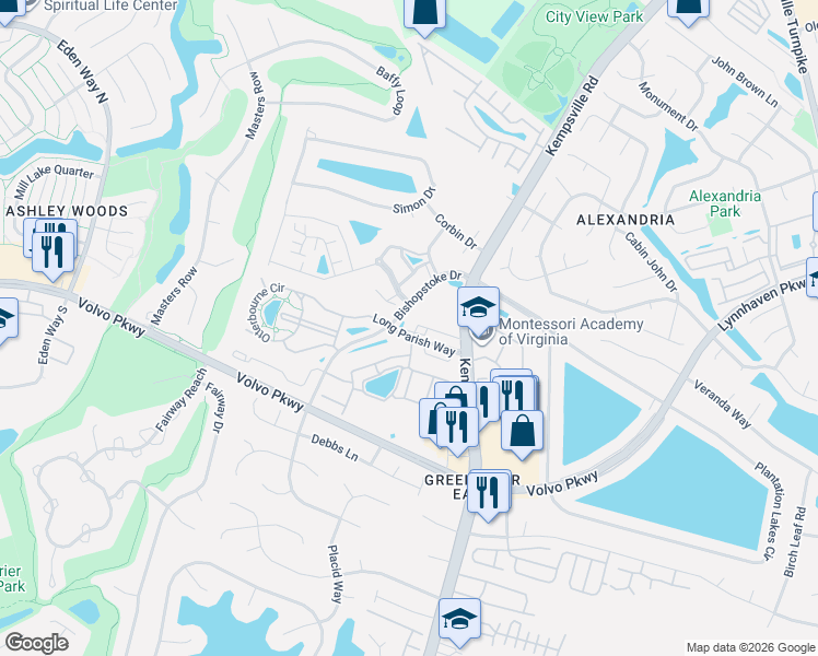 map of restaurants, bars, coffee shops, grocery stores, and more near 1467 Kempsville Road in Chesapeake
