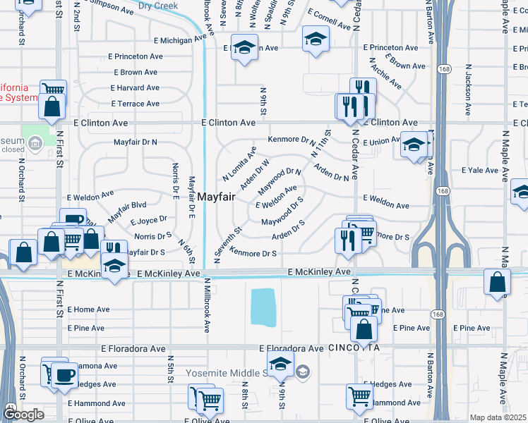 map of restaurants, bars, coffee shops, grocery stores, and more near 3834 East Weldon Avenue in Fresno