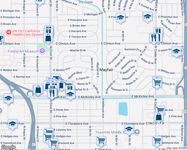 map of restaurants, bars, coffee shops, grocery stores, and more near 1912 Norris Drive East in Fresno