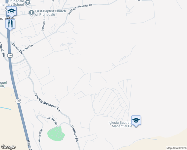 map of restaurants, bars, coffee shops, grocery stores, and more near 10321 Meadow Ridge Circle in Salinas