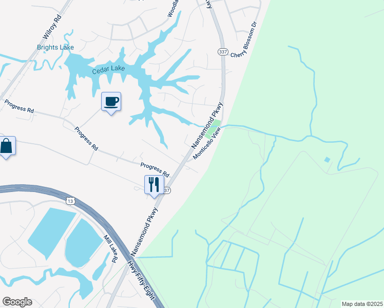 map of restaurants, bars, coffee shops, grocery stores, and more near 1828 Virginia 337 in Suffolk