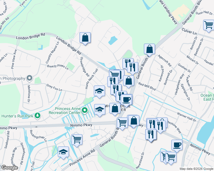 map of restaurants, bars, coffee shops, grocery stores, and more near 2033 Ealing Crescent in Virginia Beach