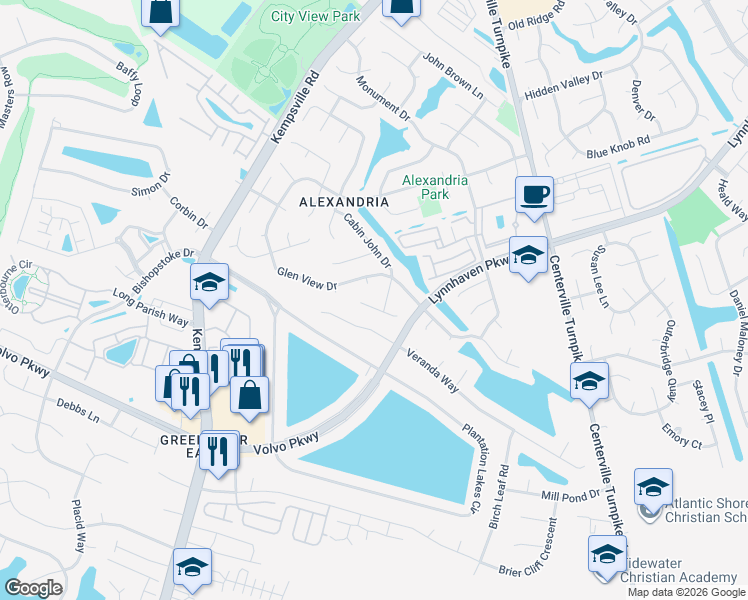 map of restaurants, bars, coffee shops, grocery stores, and more near 5944 Senators Court in Virginia Beach