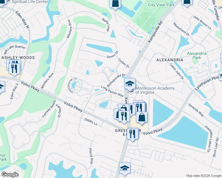 map of restaurants, bars, coffee shops, grocery stores, and more near 1467 Kempsville Road in Chesapeake