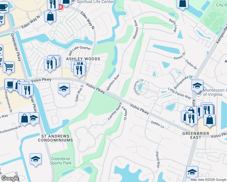 map of restaurants, bars, coffee shops, grocery stores, and more near 1312 Turnberry Court in Chesapeake