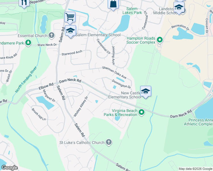 map of restaurants, bars, coffee shops, grocery stores, and more near 3884 Whitley Park Drive in Virginia Beach