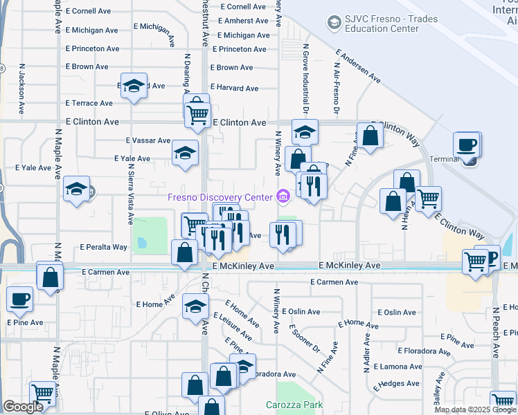 map of restaurants, bars, coffee shops, grocery stores, and more near 1910 North Laureen Avenue in Fresno