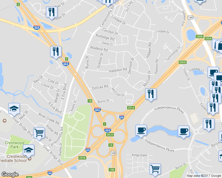 map of restaurants, bars, coffee shops, grocery stores, and more near 445 McCosh Drive in Chesapeake