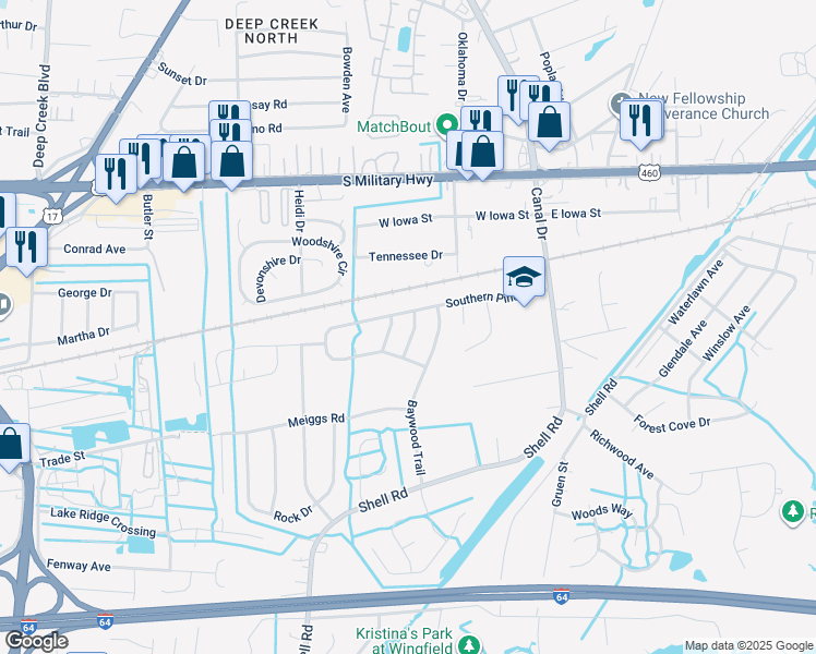 map of restaurants, bars, coffee shops, grocery stores, and more near 712 Pinehurst Drive in Chesapeake