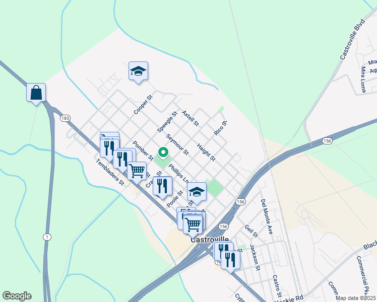 map of restaurants, bars, coffee shops, grocery stores, and more near 10825 Seymour Street in Castroville