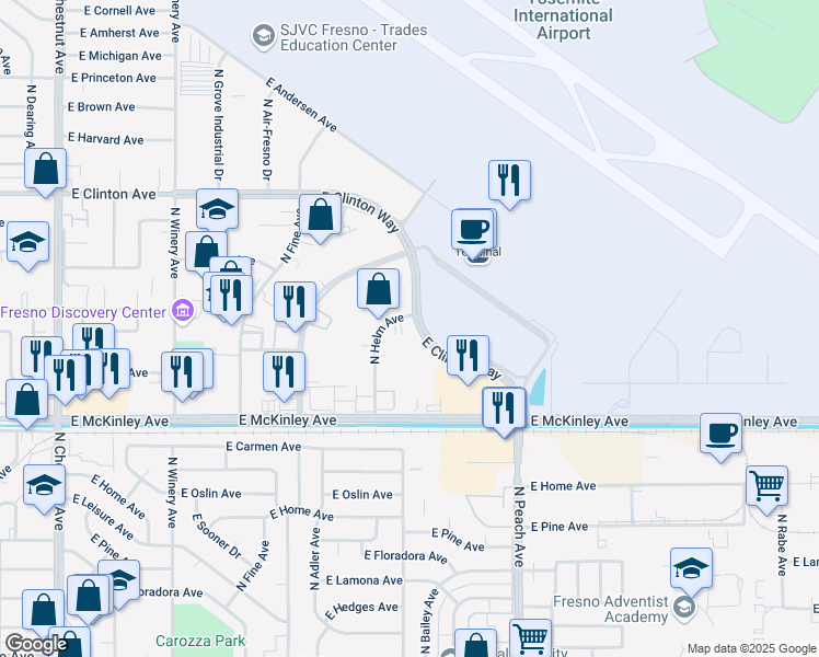 map of restaurants, bars, coffee shops, grocery stores, and more near 5114 East Clinton Way in Fresno
