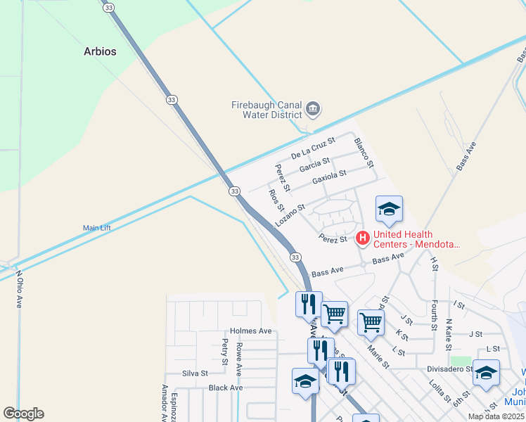 map of restaurants, bars, coffee shops, grocery stores, and more near 300 Rios Street in Mendota