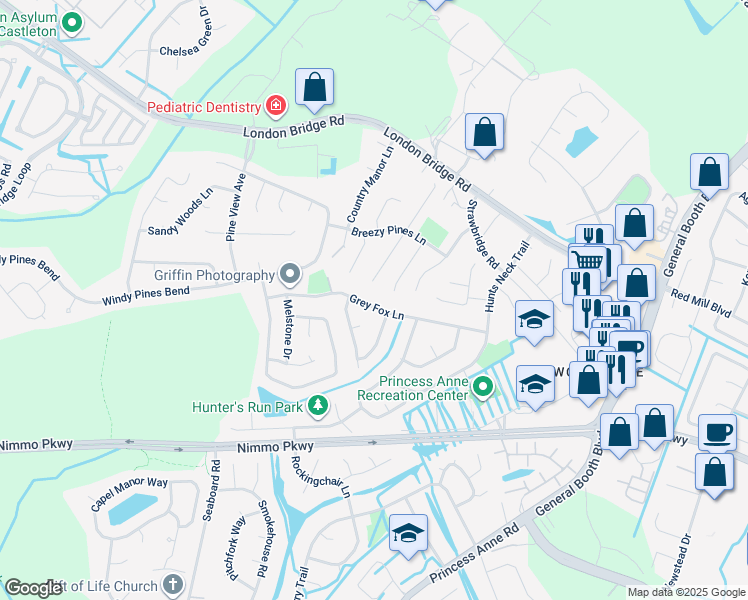 map of restaurants, bars, coffee shops, grocery stores, and more near 2080 Grey Fox Lane in Virginia Beach