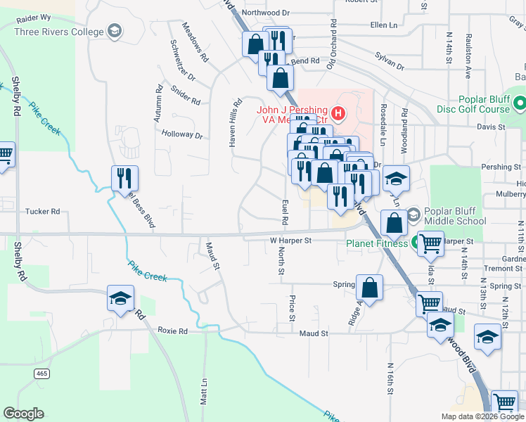 map of restaurants, bars, coffee shops, grocery stores, and more near 2105 Jackson Road in Poplar Bluff