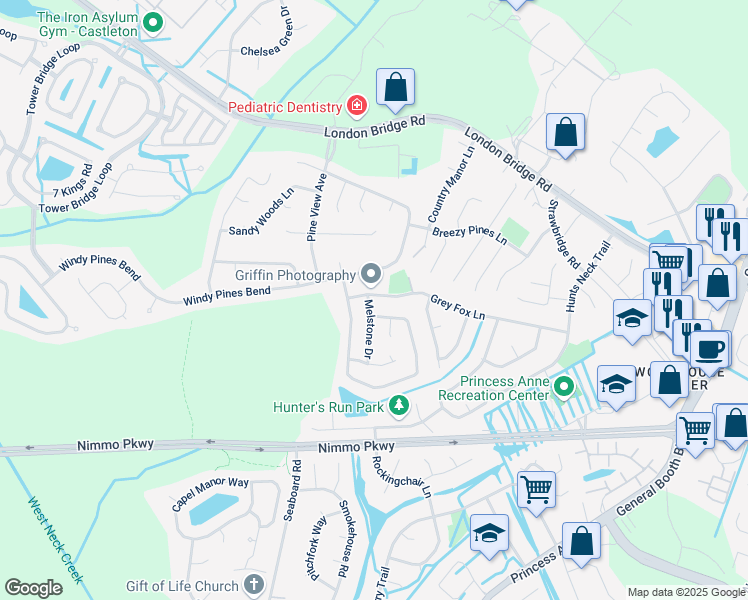 map of restaurants, bars, coffee shops, grocery stores, and more near 2137 Grey Fox Lane in Virginia Beach