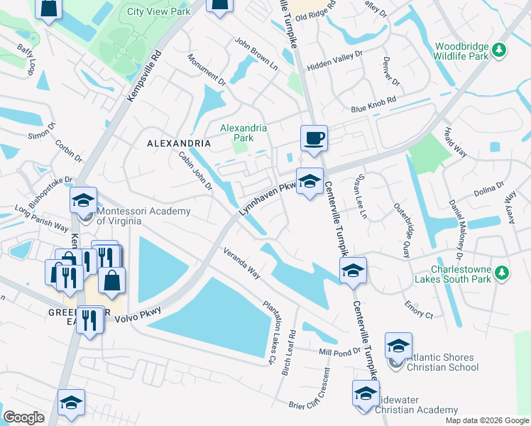 map of restaurants, bars, coffee shops, grocery stores, and more near 6029 Capital Place in Virginia Beach