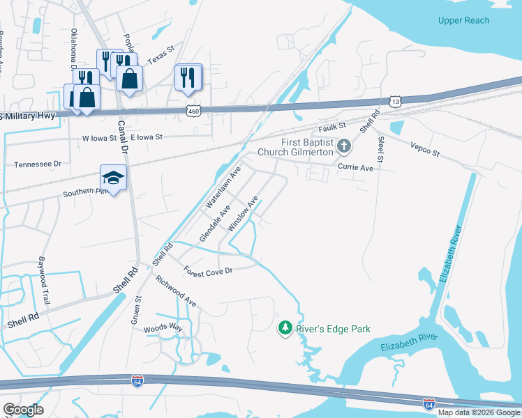 map of restaurants, bars, coffee shops, grocery stores, and more near 1436 Culpepper Avenue in Chesapeake