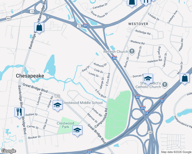 map of restaurants, bars, coffee shops, grocery stores, and more near 1433 Kate Drive in Chesapeake