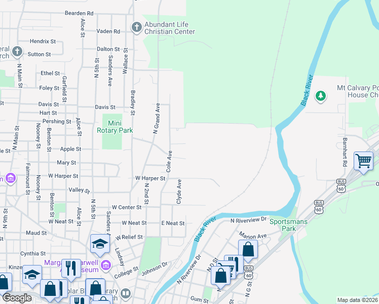 map of restaurants, bars, coffee shops, grocery stores, and more near 121 Lexington Avenue in Poplar Bluff