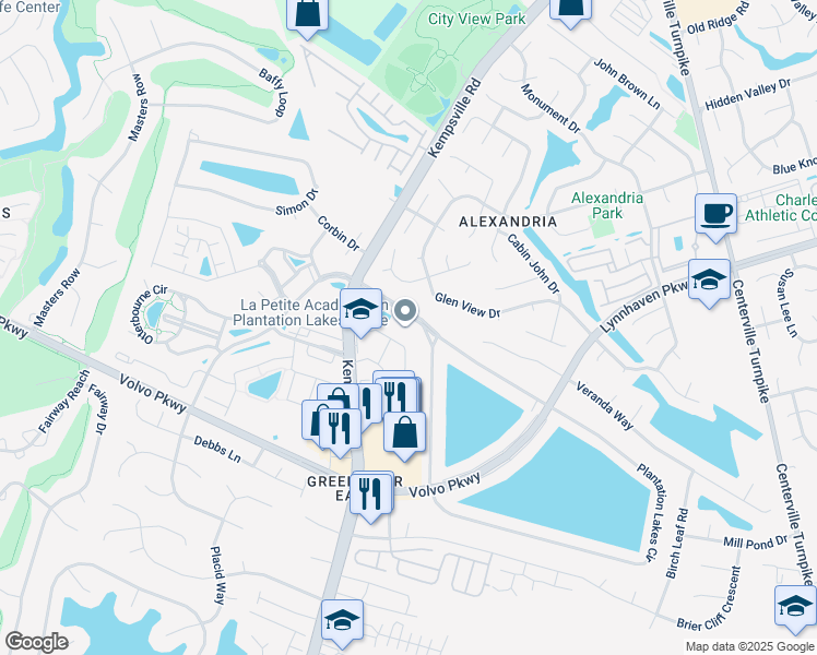 map of restaurants, bars, coffee shops, grocery stores, and more near 1025 Plantation Lakes Circle in Chesapeake