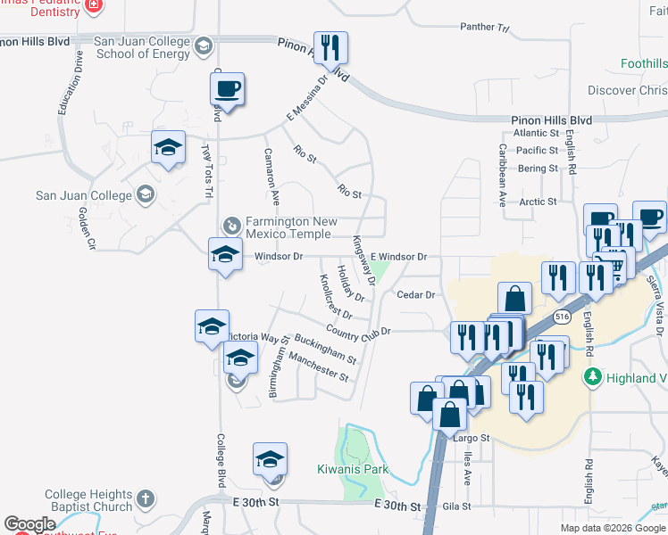 map of restaurants, bars, coffee shops, grocery stores, and more near 4303 Holiday Drive in Farmington