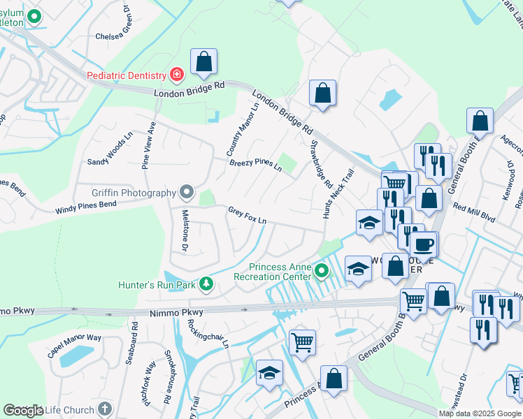 map of restaurants, bars, coffee shops, grocery stores, and more near 2337 Kilburton Priory Court in Virginia Beach