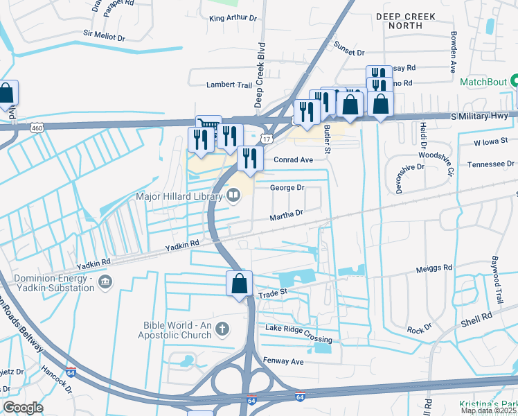 map of restaurants, bars, coffee shops, grocery stores, and more near 821 Old George Washington Highway North in Chesapeake