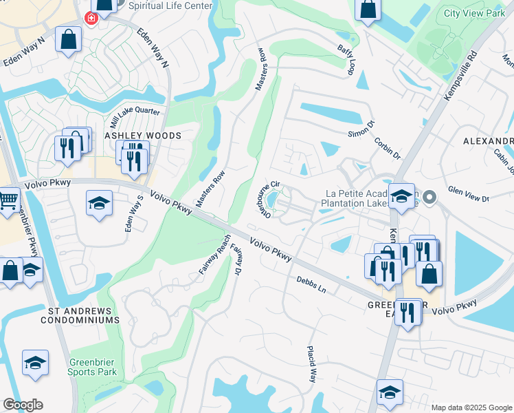 map of restaurants, bars, coffee shops, grocery stores, and more near 1436 Otterbourne Circle in Chesapeake