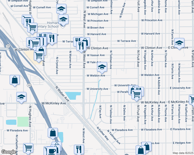 map of restaurants, bars, coffee shops, grocery stores, and more near 1967 North Channing Avenue in Fresno