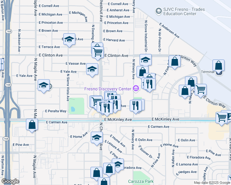 map of restaurants, bars, coffee shops, grocery stores, and more near 4841 East Normal Avenue in Fresno
