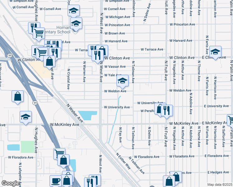 map of restaurants, bars, coffee shops, grocery stores, and more near 1967 North Channing Avenue in Fresno