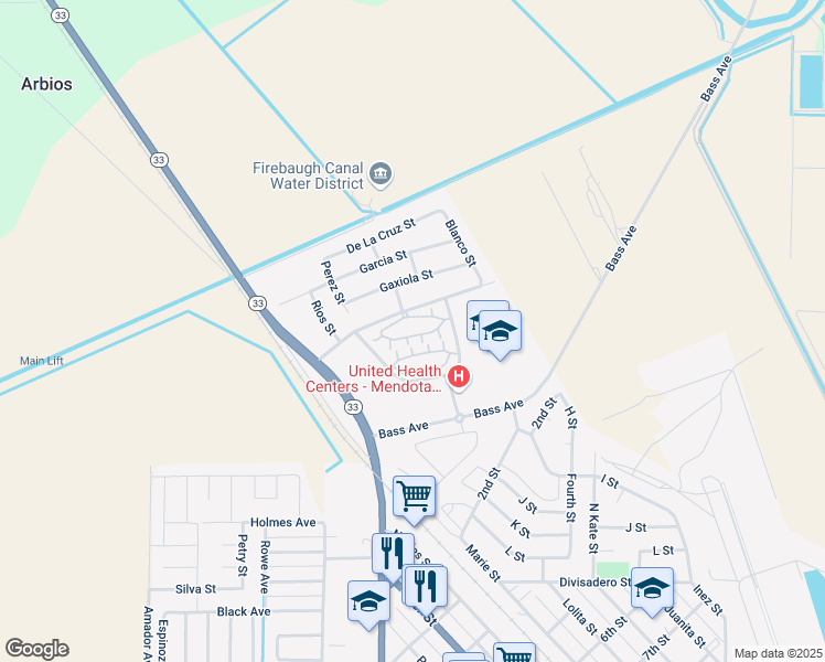 map of restaurants, bars, coffee shops, grocery stores, and more near 654 Lozano Street in Mendota
