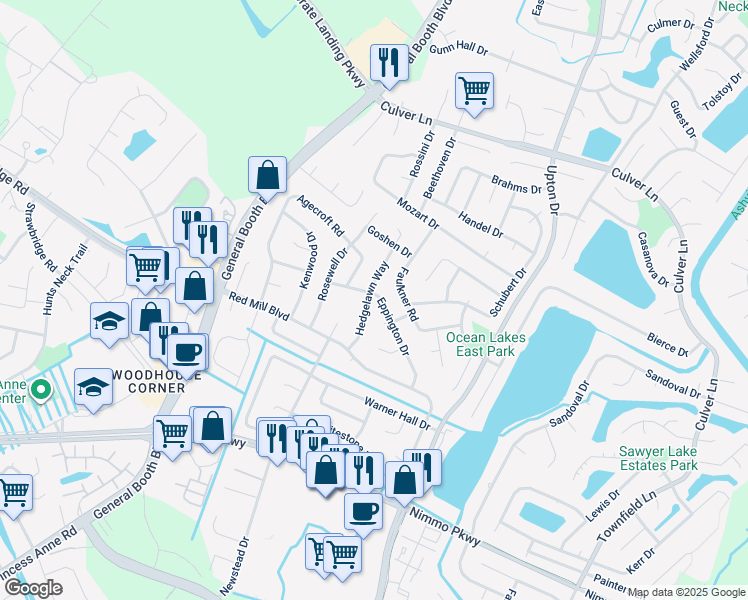 map of restaurants, bars, coffee shops, grocery stores, and more near 1173 Eppington Drive in Virginia Beach