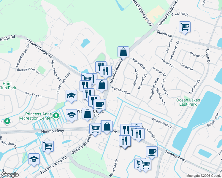 map of restaurants, bars, coffee shops, grocery stores, and more near 2201 Redmill Court in Virginia Beach