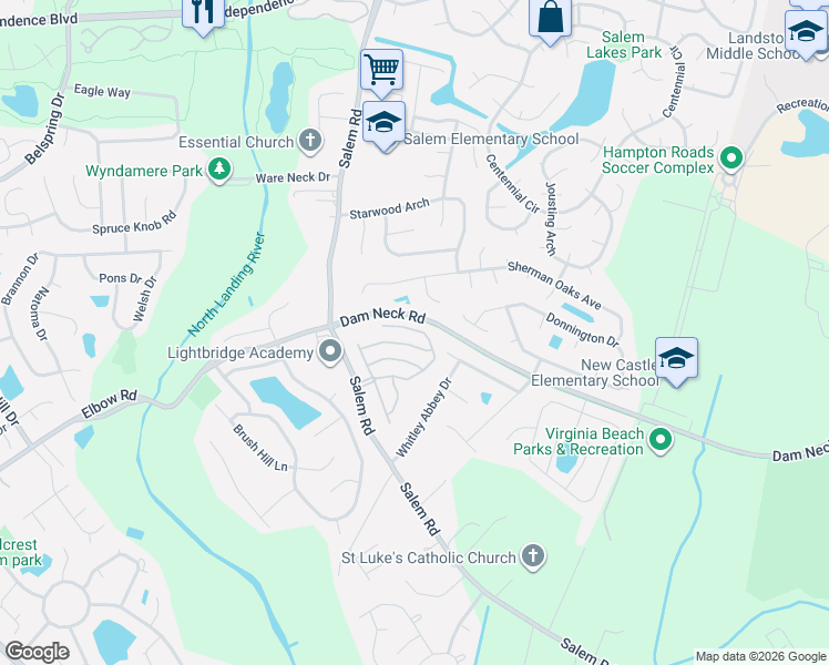 map of restaurants, bars, coffee shops, grocery stores, and more near 3920 Winwick Way in Virginia Beach