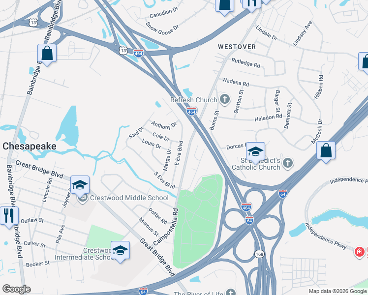 map of restaurants, bars, coffee shops, grocery stores, and more near 1216 Keats Station in Chesapeake