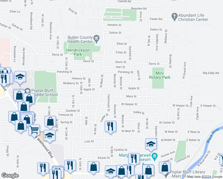 map of restaurants, bars, coffee shops, grocery stores, and more near 1119 Fairmount Street in Poplar Bluff