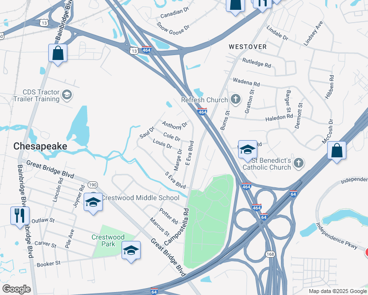 map of restaurants, bars, coffee shops, grocery stores, and more near 1241 Marge Dr in Chesapeake