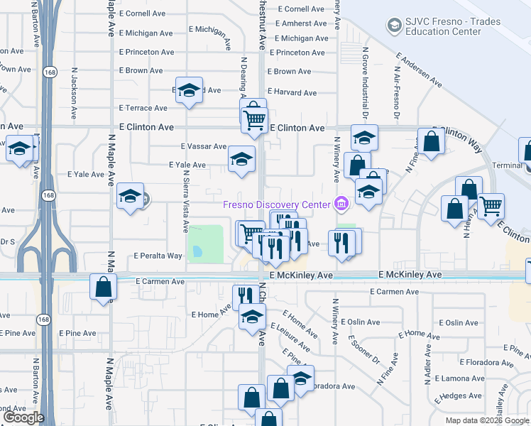map of restaurants, bars, coffee shops, grocery stores, and more near 4807 East Normal Avenue in Fresno