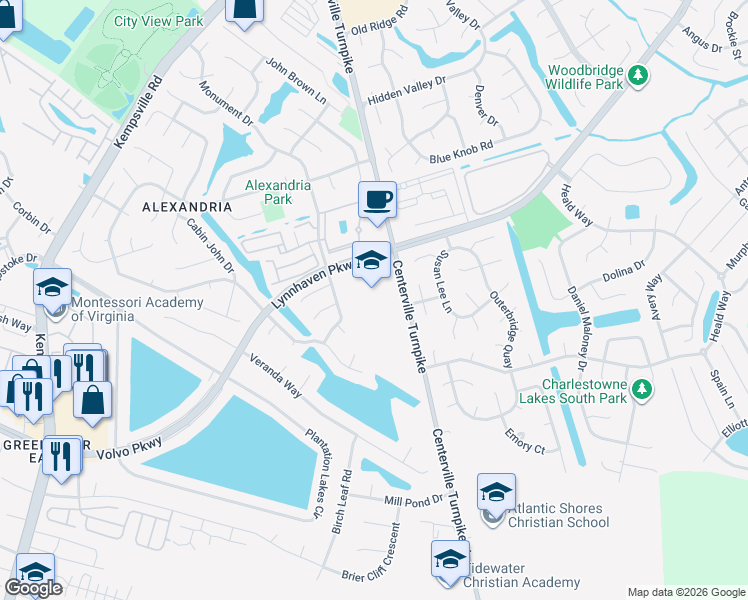 map of restaurants, bars, coffee shops, grocery stores, and more near 2201 Centerville Turnpike in Virginia Beach