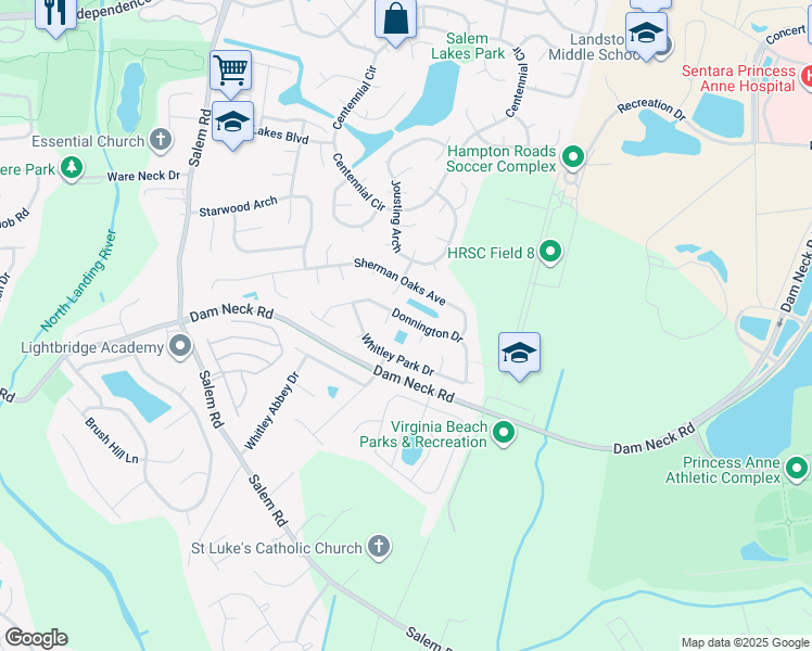 map of restaurants, bars, coffee shops, grocery stores, and more near 3861 Donnington Drive in Virginia Beach