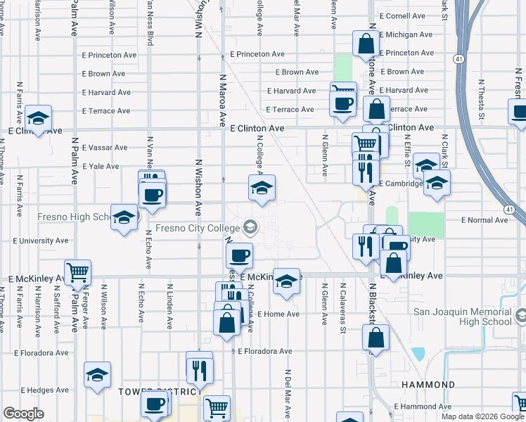 map of restaurants, bars, coffee shops, grocery stores, and more near 1101 East University Avenue in Fresno